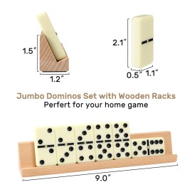 Jumbo Dominos Set for Adults with 4 Wooden Racks/Trays, Double 6 Dominoes Travel Set with Portable Case Double Six Dominoes Set with 4 Tiles Holders, 28 Tiles Dominos Set for Family Board Games
