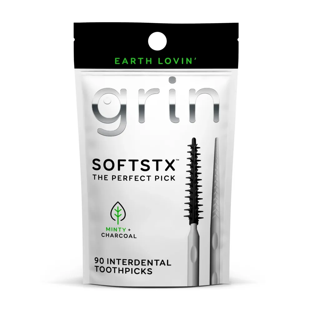 Grin Charcoal Infused Softstx, Gentle Dental Picks, 90 Count, Soft Flexible Bristles, Textured Plaque Removing Toothpick, Minty Flavor, for Between Teeth, Refillable Hygienic Case Grin Charcoal Infused Softstx, Gentle Dental Picks, 90 Count, Soft Flexible Bristles, Textured Plaque Removing Toothpick, Minty Flavor, for Between Teeth, Refillable Hygienic Case