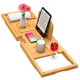 Premium Bamboo Bathtub Tray Caddy - Bath Tub Tray Table for Bathtub - Bath Caddy Tray for Bathtub, Expandable Size, Fits Most Bath Tubs