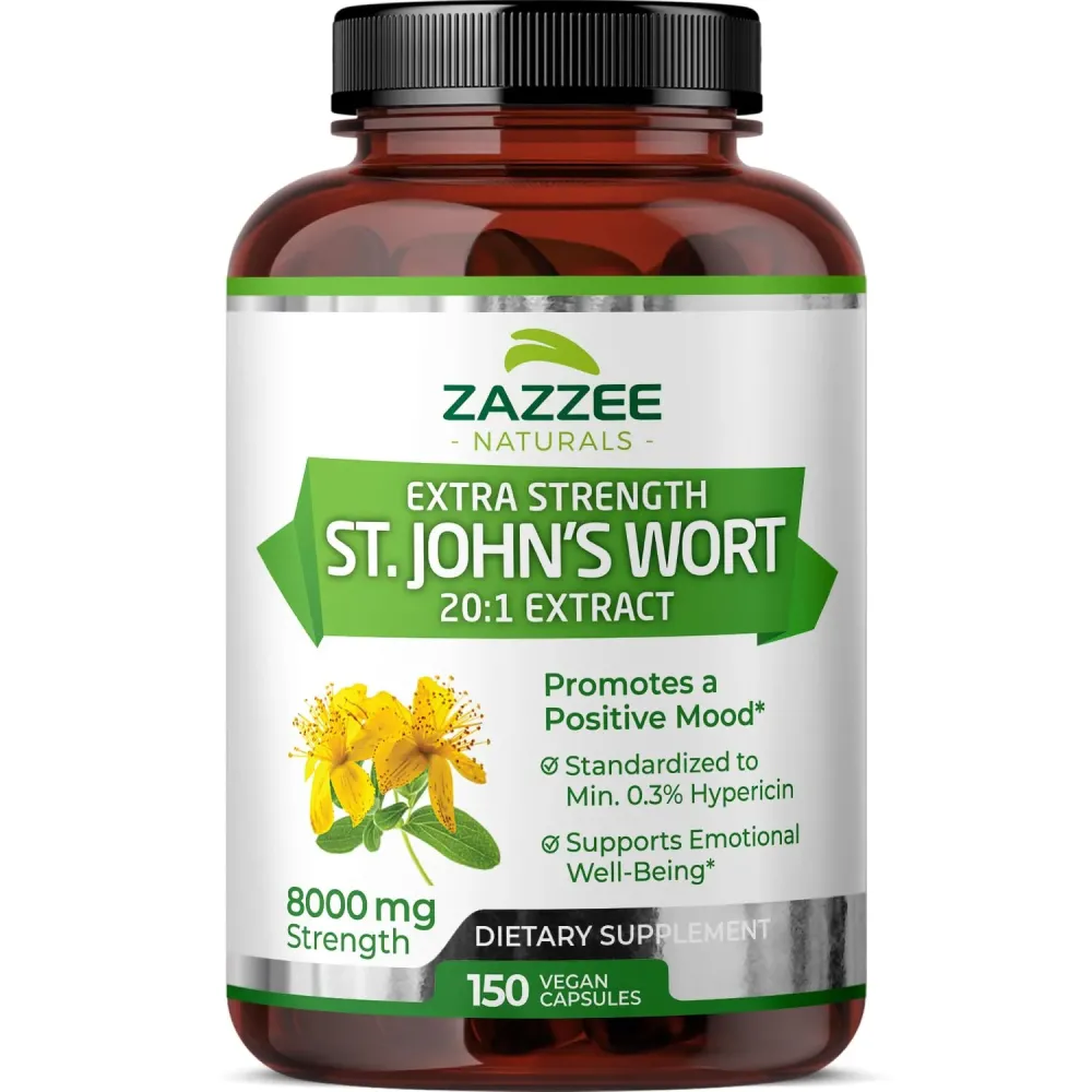 Zazzee Extra Strength St. Johns Wort 20:1 Extract, 8000 mg Strength, 0.3% Hypericin, 150 Vegan Capsules, 5 Month Supply, Concentrated, Standardized 20X Extract, 100% Vegetarian, Non-GMO, All-Natural Zazzee Extra Strength St. Johns Wort 20:1 Extract, 8000 mg Strength, 0.3% Hypericin, 150 Vegan Capsules, 5 Month Supply, Concentrated, Standardized 20X Extract, 100% Vegetarian, Non-GMO, All-Natural