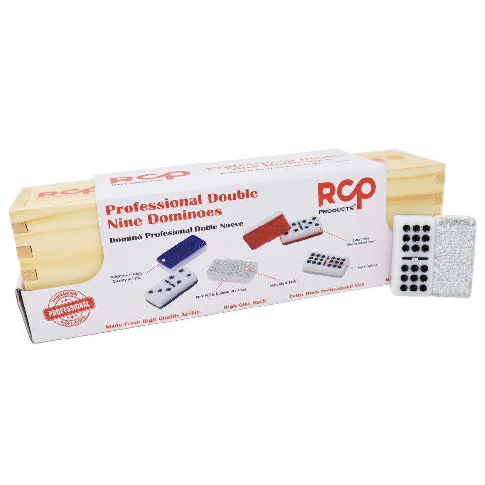RCP PRODUCTS Dominos Set for Adults - Professional Double 9 Dominoes Set of 55 Tiles for Adults, Metal Spinner, Classic and Travel Board Game with Wood Case Juegos de Mesa Silver