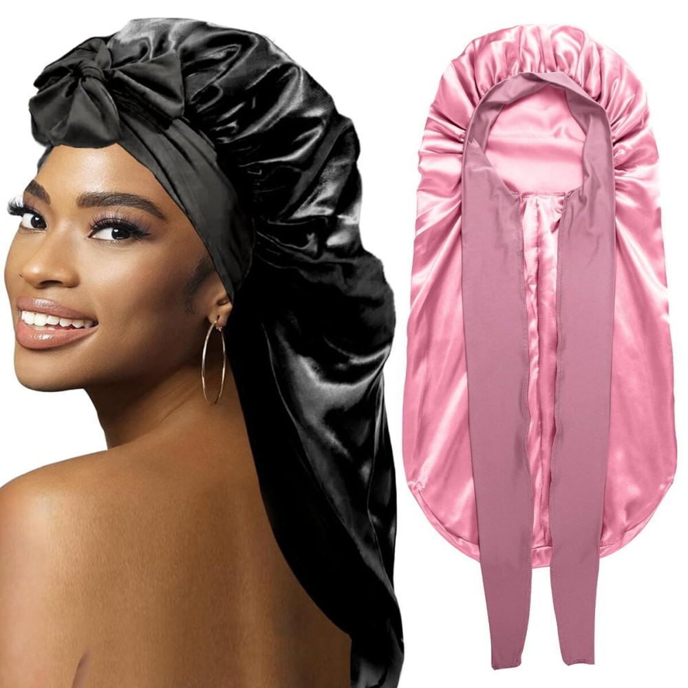 2Pcs Bonnets for Black Women Braid Bonnet, Large Long Satin Bonnet for Braids, Silk Bonnet with Stretchy Tie Band Sleep Cap Hair (2Pcs-Black&Rose Pink) 2Pcs Bonnets for Black Women Braid Bonnet, Large Long Satin Bonnet for Braids, Silk Bonnet with Stretchy Tie Band Sleep Cap Hair (2Pcs-Black&Rose Pink)