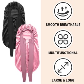 2Pcs Bonnets for Black Women Braid Bonnet, Large Long Satin Bonnet for Braids, Silk Bonnet with Stretchy Tie Band Sleep Cap Hair (2Pcs-Black&Rose Pink) 2Pcs Bonnets for Black Women Braid Bonnet, Large Long Satin Bonnet for Braids, Silk Bonnet with Stretchy Tie Band Sleep Cap Hair (2Pcs-Black&Rose Pink)