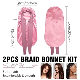 2Pcs Bonnets for Black Women Braid Bonnet, Large Long Satin Bonnet for Braids, Silk Bonnet with Stretchy Tie Band Sleep Cap Hair (2Pcs-Black&Rose Pink) 2Pcs Bonnets for Black Women Braid Bonnet, Large Long Satin Bonnet for Braids, Silk Bonnet with Stretchy Tie Band Sleep Cap Hair (2Pcs-Black&Rose Pink)