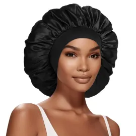Extra Large Satin Bonnet Hair Cap, 17inches Silk Bonnet for Sleeping, Jumbo Silk Sleep Cap for Women Braids Curly Hair Locs 1Pcs (Black)