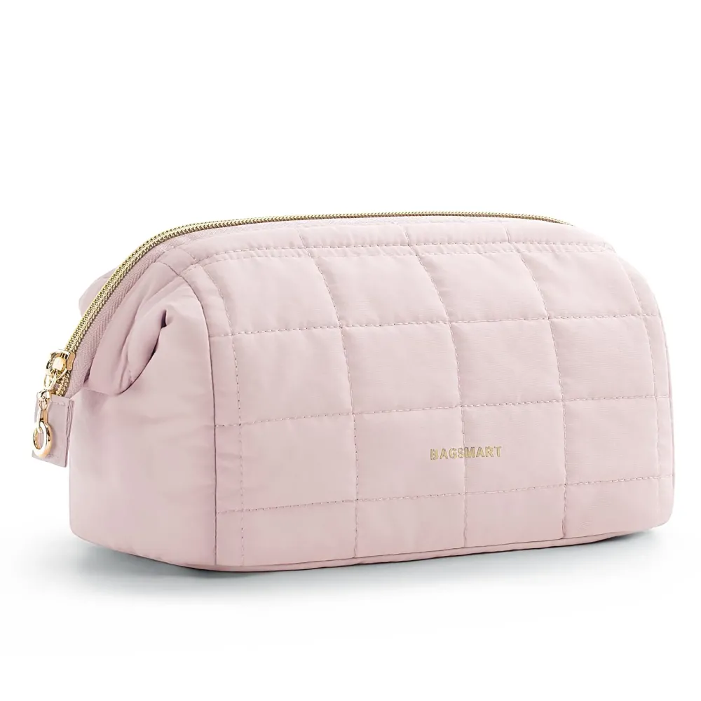 BAGSMART Makeup Bag Travel Toiletry Bag, Puffy Padded Make Up Bags for Women Makeup Organizer Case, Wide-open Pouch Purse Travel Essentials Toiletries Accessories Brushes, Pink BAGSMART Makeup Bag Travel Toiletry Bag, Puffy Padded Make Up Bags for Women Makeup Organizer Case, Wide-open Pouch Purse Travel Essentials Toiletries Accessories Brushes, Pink