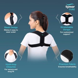 TYNOR Posture Corrector for Men & Women, Adjustable Upper Back Brace for Neck, Clavicle & Scoliosis, Breathable Hunchback & Back Corrector with Hook Loop Closure (Black, One Size) TYNOR Posture Corrector for Men & Women, Adjustable Upper Back Brace for Neck, Clavicle & Scoliosis, Breathable Hunchback & Back Corrector with Hook Loop Closure (Black, One Size)