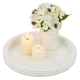 Hanobe Decorative Coffee Table Tray: White Beaded Round Serving Tray Modern Farmhouse Wooden Circle Centerpiece Tray Decor for Home Living Dining Room Kitchen Counter Bathroom