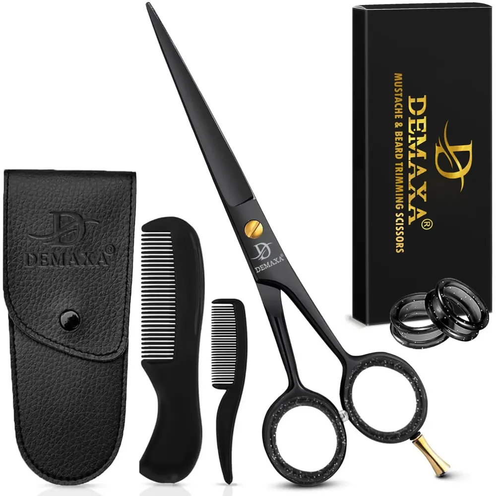 DEMAXA 5 Professional Beard Scissors for men Mustache Scissors with 1 Mustache Comb, 1 Beard Comb & Soft Pouch - Prefect Beard shears mustache kit for All Facial Hair - moustache Grooming kit for Men