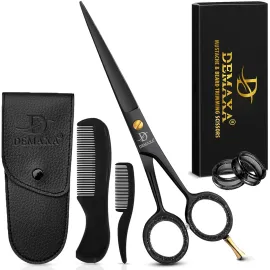 DEMAXA 5 Professional Beard Scissors for men Mustache Scissors with 1 Mustache Comb, 1 Beard Comb & Soft Pouch - Prefect Beard shears mustache kit for All Facial Hair - moustache Grooming kit for Men