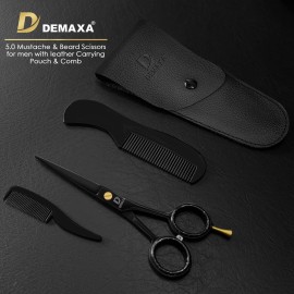 DEMAXA 5 Professional Beard Scissors for men Mustache Scissors with 1 Mustache Comb, 1 Beard Comb & Soft Pouch - Prefect Beard shears mustache kit for All Facial Hair - moustache Grooming kit for Men
