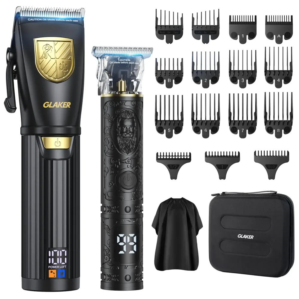 GLAKER Hair Clippers for Men Professional, Cordless Clippers for Hair Cutting, Mens Hair Clippers and Trimmer Kit for Barber with LED Display 15 Guide Combs
