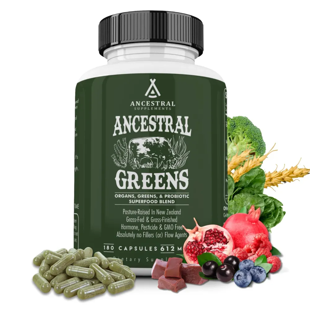 Ancestral Supplements Greens Powder Capsules, Organic Superfood Greens & Reds Blend with Spirulina, Chlorella, Grass Fed Beef Organs, and Probiotics for Gut Health, Non GMO, 615mg Each, 180 Count Ancestral Supplements Greens Powder Capsules, Organic Superfood Greens & Reds Blend with Spirulina, Chlorella, Grass Fed Beef Organs, and Probiotics for Gut Health, Non GMO, 615mg Each, 180 Count