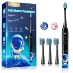 Kids Electric Toothbrush Rechargeable Age 3-5-6-12-18 Year Old, Sonic Toothbrush Kids with Timer 3 Modes 4 Vibrating Heads Habit Stickers Tooth Brush for Girls Boys and Childrens (Astronaut Black)