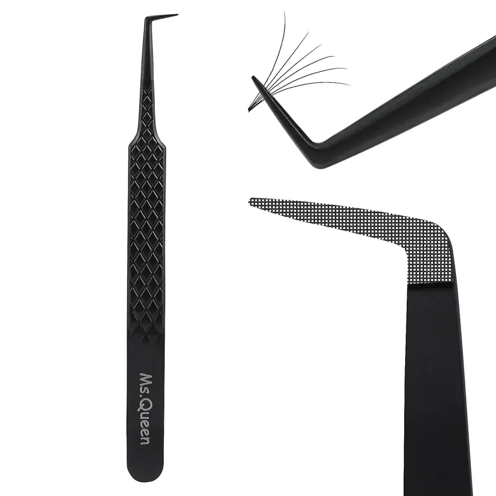 Ms.Queen Lash Tweezers for Eyelash Extensions, Diamond Grip 90 Degree Fiber Tip Volume Lash Extension Tweezers,Black Ms.Queen Lash Tweezers for Eyelash Extensions, Diamond Grip 90 Degree Fiber Tip Volume Lash Extension Tweezers,Black