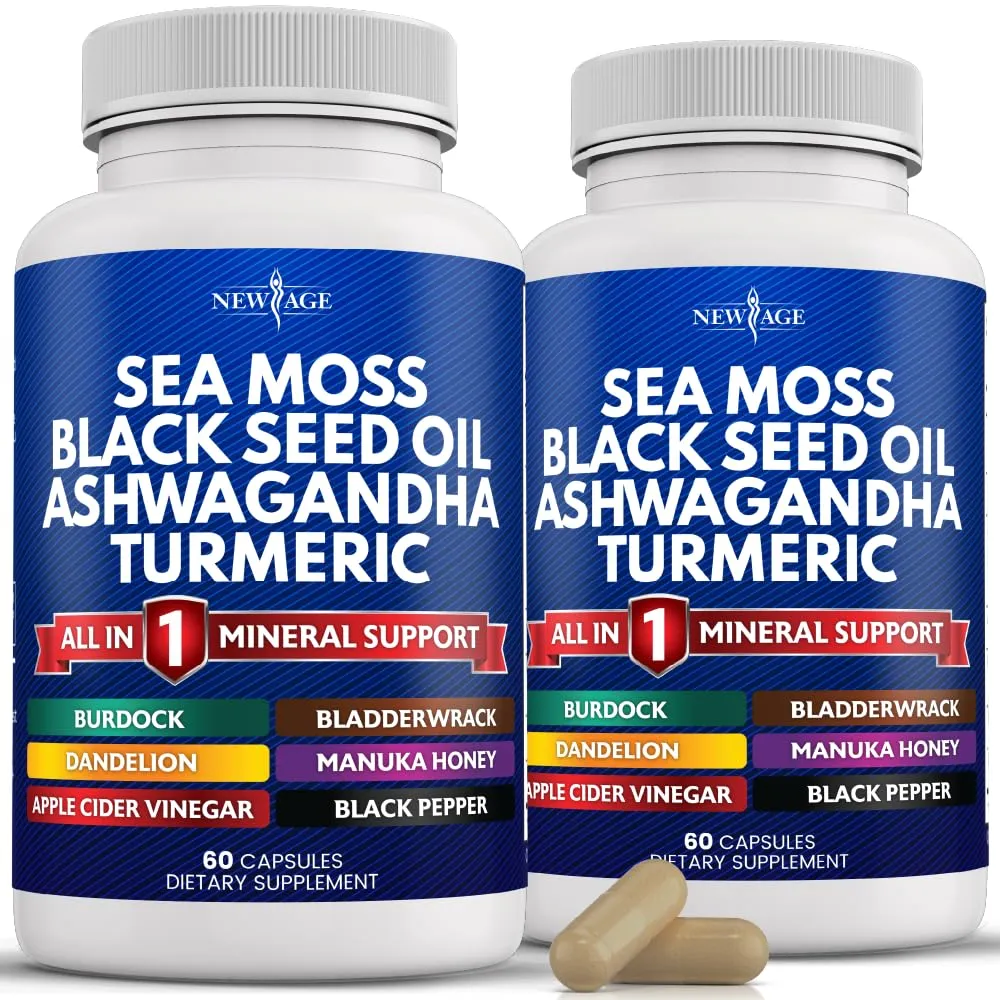 NEW AGE Sea Moss Capsules Black Seed Oil Ashwagandha Turmeric Bladderwrack Burdock - with Manuka, Honey Dandelion, ACV Black Pepper Gluten Free NEW AGE Sea Moss Capsules Black Seed Oil Ashwagandha Turmeric Bladderwrack Burdock - with Manuka, Honey Dandelion, ACV Black Pepper Gluten Free