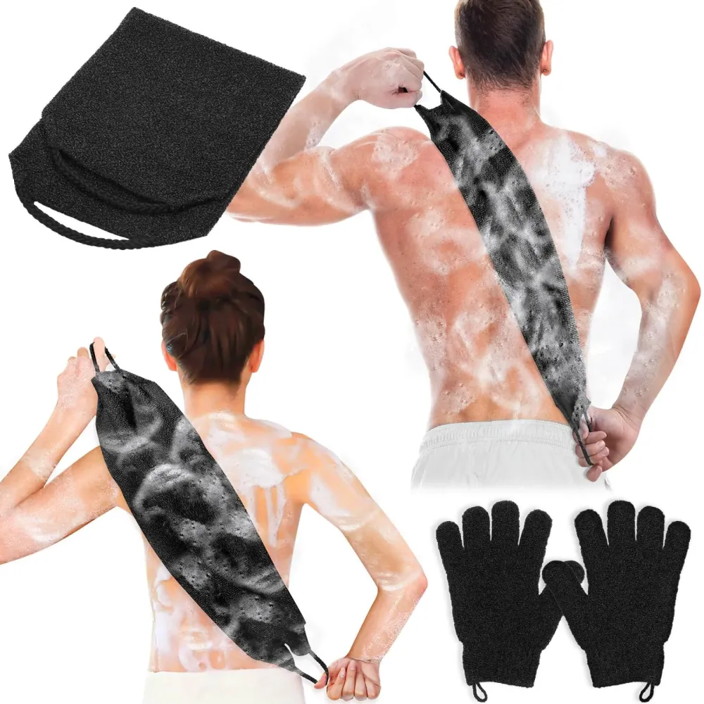 Anezus Exfoliating Back Scrubber Bath Gloves Set, Exfoliating Shower Towel with Shower Gloves for Body Scrub, Back Cleaner Wash Gloves to Remove Dead Skin (Black) Anezus Exfoliating Back Scrubber Bath Gloves Set, Exfoliating Shower Towel with Shower Gloves for Body Scrub, Back Cleaner Wash Gloves to Remove Dead Skin (Black)