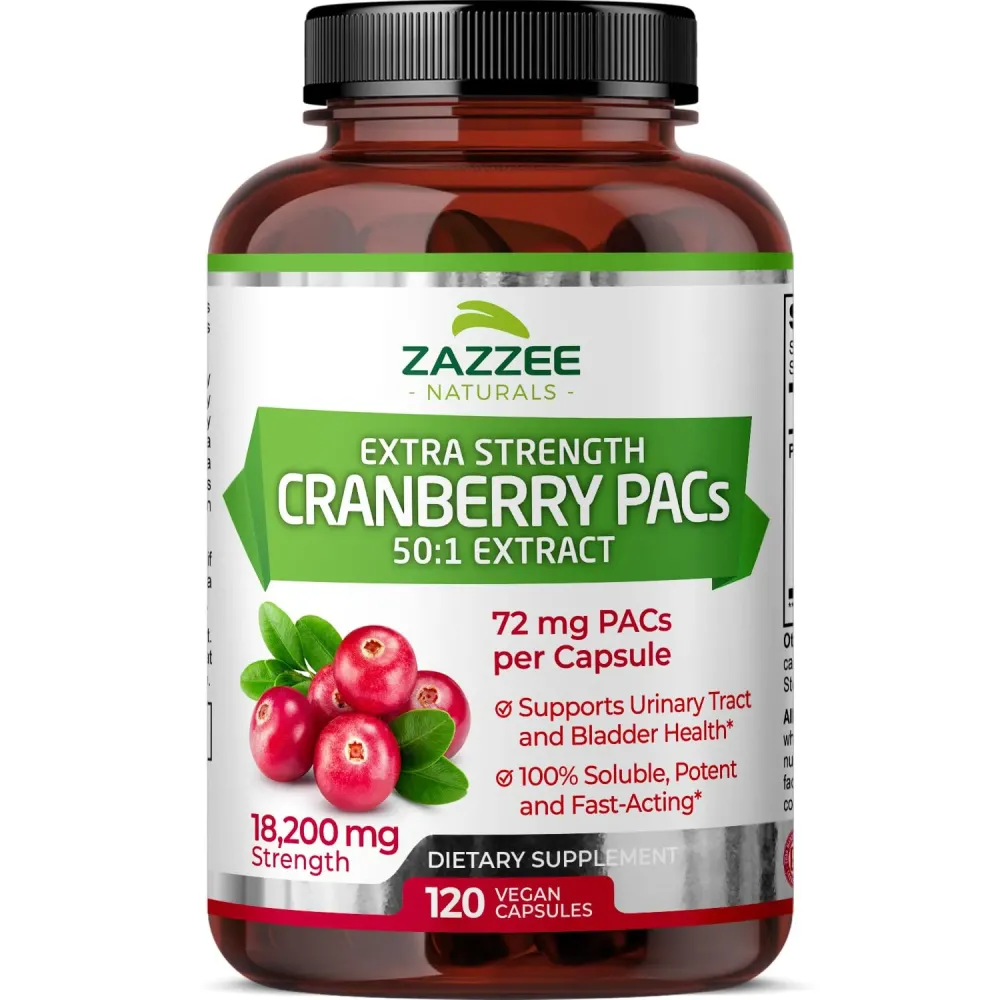 Zazzee Cranberry PACs, 72 mg PACs per Capsule, 2X Strength, 100% Soluble, 120 Vegan Capsules, 50:1 Extract, 18,200 mg Strength, Fast-Acting, Effective Urinary Tract UTI Support, Made in The USA Zazzee Cranberry PACs, 72 mg PACs per Capsule, 2X Strength, 100% Soluble, 120 Vegan Capsules, 50:1 Extract, 18,200 mg Strength, Fast-Acting, Effective Urinary Tract UTI Support, Made in The USA
