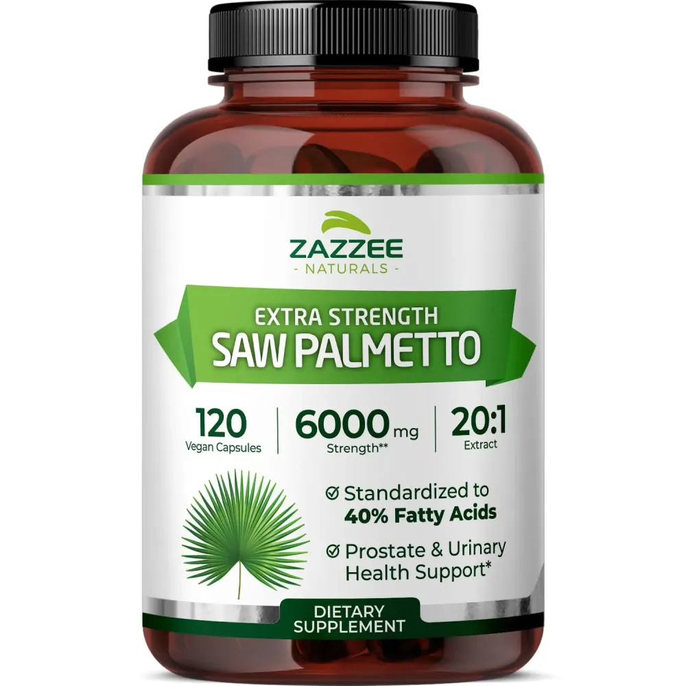 Zazzee Extra Strength Saw Palmetto 20:1 Extract, 6000 mg Strength, 40% Fatty Acids, 120 Vegan Capsules, 4 Month Supply, Concentrated and Standardized 20X Extract, Non-GMO, All-Natural, Made in the USA Zazzee Extra Strength Saw Palmetto 20:1 Extract, 6000 mg Strength, 40% Fatty Acids, 120 Vegan Capsules, 4 Month Supply, Concentrated and Standardized 20X Extract, Non-GMO, All-Natural, Made in the USA