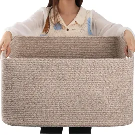 OIAHOMY 75L Large Blanket Basket, Woven Blanket Storage Basket with Handle, Cotton Rope Basket for Organizing 22x17x12, Blanket Basket living Room, Toy Basket for Nursery, Brown variegated