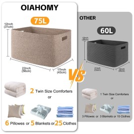 OIAHOMY 75L Large Blanket Basket, Woven Blanket Storage Basket with Handle, Cotton Rope Basket for Organizing 22x17x12, Blanket Basket living Room, Toy Basket for Nursery, Brown variegated