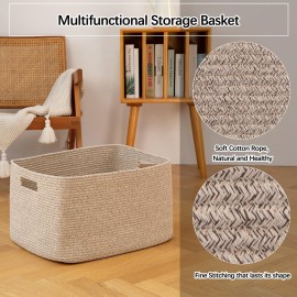 OIAHOMY 75L Large Blanket Basket, Woven Blanket Storage Basket with Handle, Cotton Rope Basket for Organizing 22x17x12, Blanket Basket living Room, Toy Basket for Nursery, Brown variegated