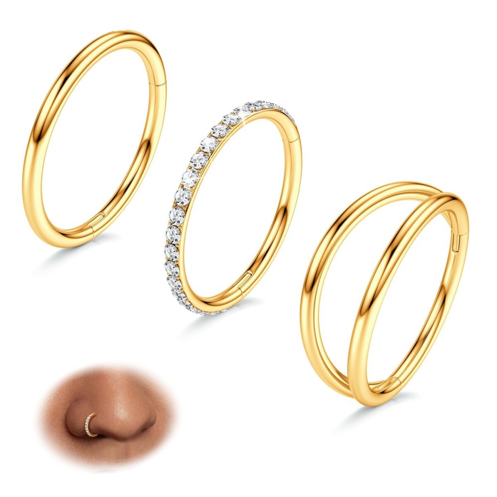 BodyBonita 18G Gold Nose Rings Hoops 3Pcs Surgical Steel Double Hoop Nose Rings CZ Conch Piercing Jewelry Septum Clicker Helix 8mm BodyBonita 18G Gold Nose Rings Hoops 3Pcs Surgical Steel Double Hoop Nose Rings CZ Conch Piercing Jewelry Septum Clicker Helix 8mm