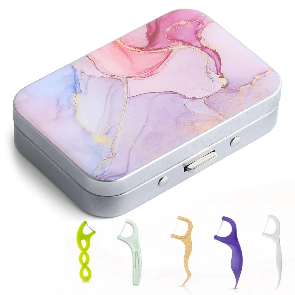 Gerkia Dental Floss Portable Case, Easy to Store Floss Picks of Various Sizes, Portable Dental Floss Dispenser is Perfect for Travelling, Hotels, Dinners, Appointments.Pink Marble