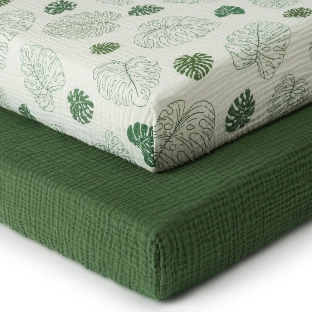 Blissful Diary Muslin Crib Sheets for Girl Boy, Boho Neutral Soft Cotton Baby Sheet for 52\'\'x28\'\' Standard Crib Mattress, 2 Pack(Monstera&Dark Green) Blissful Diary Muslin Crib Sheets for Girl Boy, Boho Neutral Soft Cotton Baby Sheet for 52\'\'x28\'\' Standard Crib Mattress, 2 Pack(Monstera&Dark Green)