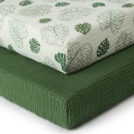 Blissful Diary Muslin Crib Sheets for Girl Boy, Boho Neutral Soft Cotton Baby Sheet for 52\'\'x28\'\' Standard Crib Mattress, 2 Pack(Monstera&Dark Green)