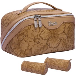 Travel Makeup Bags Cosmetic Organizer Bag: 3-Set Large Capacity Make up Bag - PU Leather Toiletry Bag for Women - Wide Open Portable Pouch with Divider & Handle 03-Brown 6 Travel Makeup Bags Cosmetic Organizer Bag: 3-Set Large Capacity Make up Bag - PU Leather Toiletry Bag for Women - Wide Open Portable Pouch with Divider & Handle 03-Brown 6