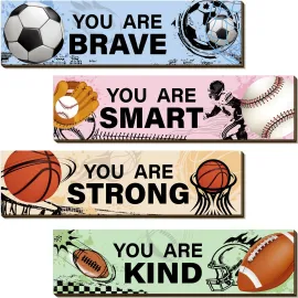 Geetery 4 Pcs Sport Bedroom Wall Decor Boys Room Decor for Kids Soccer Basketball Baseball Football Wall Art Inspirational Wooden Hanging Sign for Boys Girls Kids Nursery Playroom Kindergarten