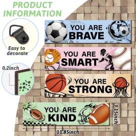 Geetery 4 Pcs Sport Bedroom Wall Decor Boys Room Decor for Kids Soccer Basketball Baseball Football Wall Art Inspirational Wooden Hanging Sign for Boys Girls Kids Nursery Playroom Kindergarten