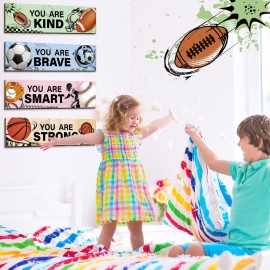 Geetery 4 Pcs Sport Bedroom Wall Decor Boys Room Decor for Kids Soccer Basketball Baseball Football Wall Art Inspirational Wooden Hanging Sign for Boys Girls Kids Nursery Playroom Kindergarten