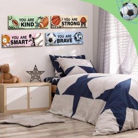 Geetery 4 Pcs Sport Bedroom Wall Decor Boys Room Decor for Kids Soccer Basketball Baseball Football Wall Art Inspirational Wooden Hanging Sign for Boys Girls Kids Nursery Playroom Kindergarten