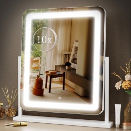 Gvnkvn Makeup Vanity Mirror with Lights 15.2 Large LED Lighted Mirror, Hollywood Make Up Mirror with Lighting for Bedroom Tabletop, Smart Touch,Detachable 10X Magnification 360 Rotation, (White)