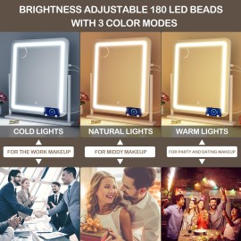 Gvnkvn Makeup Vanity Mirror with Lights 15.2 Large LED Lighted Mirror, Hollywood Make Up Mirror with Lighting for Bedroom Tabletop, Smart Touch,Detachable 10X Magnification 360 Rotation, (White)