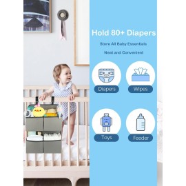 KIKJOK Hanging Diaper Organizer for Crib/Playpen/Bassinet - Hold 80+ Diapers - 4 Deep Pockets-H19in x L15 in Changing Table Diaper Holder - Hanging Diaper Stacker Nursery Caddy Organizer - Grey