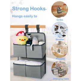 KIKJOK Hanging Diaper Organizer for Crib/Playpen/Bassinet - Hold 80+ Diapers - 4 Deep Pockets-H19in x L15 in Changing Table Diaper Holder - Hanging Diaper Stacker Nursery Caddy Organizer - Grey