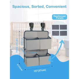 KIKJOK Hanging Diaper Organizer for Crib/Playpen/Bassinet - Hold 80+ Diapers - 4 Deep Pockets-H19in x L15 in Changing Table Diaper Holder - Hanging Diaper Stacker Nursery Caddy Organizer - Grey