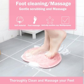 Shower Foot and Back Scrubber Mat,Wall Mounted Shower Foot Scrubber with Suction Cups,Exfoliating Silicone Massage Foot Cleaner for Shower(Pink)