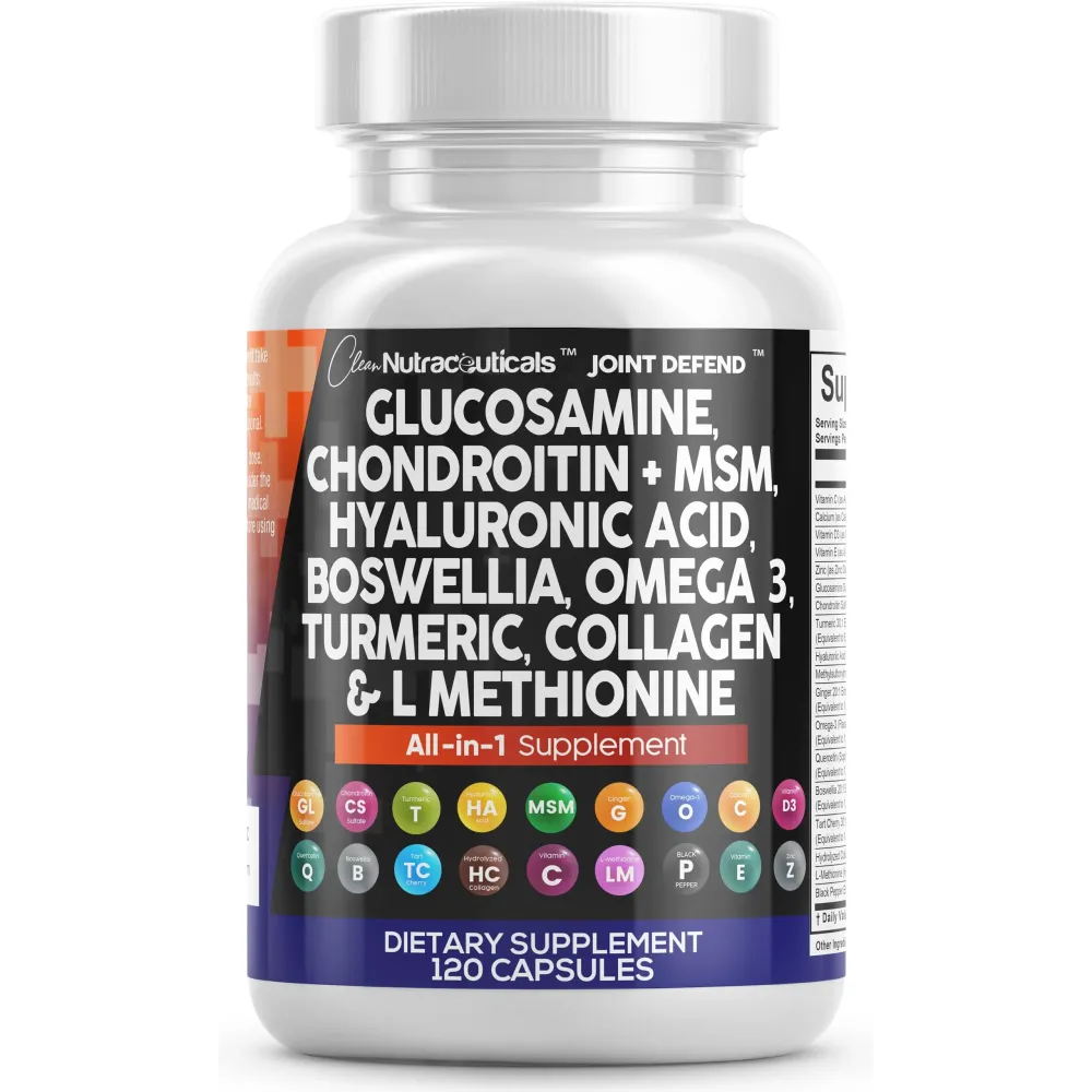 Clean Nutraceuticals Glucosamine Chondroitin MSM 1500mg with Turmeric Curcumin, Collagen, Hyaluronic Acid, Omega 3 - Joint Health Supplement for Men & Women - Joint Complex - 120 Count Clean Nutraceuticals Glucosamine Chondroitin MSM 1500mg with Turmeric Curcumin, Collagen, Hyaluronic Acid, Omega 3 - Joint Health Supplement for Men & Women - Joint Complex - 120 Count