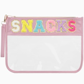 Burskit Clear Zipper Pouch for Travel Snacks Bag Nylon Clear Cosmetic Bag Makeup Travel Bag for Women with Glitter Patch Letters (Pink-Snacks)