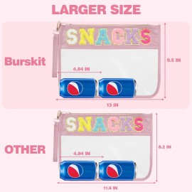 Burskit Clear Zipper Pouch for Travel Snacks Bag Nylon Clear Cosmetic Bag Makeup Travel Bag for Women with Glitter Patch Letters (Pink-Snacks)