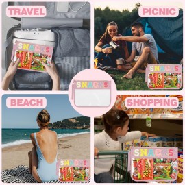 Burskit Clear Zipper Pouch for Travel Snacks Bag Nylon Clear Cosmetic Bag Makeup Travel Bag for Women with Glitter Patch Letters (Pink-Snacks)