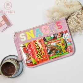Burskit Clear Zipper Pouch for Travel Snacks Bag Nylon Clear Cosmetic Bag Makeup Travel Bag for Women with Glitter Patch Letters (Pink-Snacks)