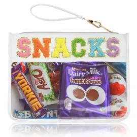 Burskit Snack Bag Clear Chenille Varsity Letter Zipper Pouch for Travel Nylon Clear Cosmetic Bag Makeup Travel Bag for Women (White-Snacks)