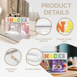 Burskit Snack Bag Clear Chenille Varsity Letter Zipper Pouch for Travel Nylon Clear Cosmetic Bag Makeup Travel Bag for Women (White-Snacks) Burskit Snack Bag Clear Chenille Varsity Letter Zipper Pouch for Travel Nylon Clear Cosmetic Bag Makeup Travel Bag for Women (White-Snacks)