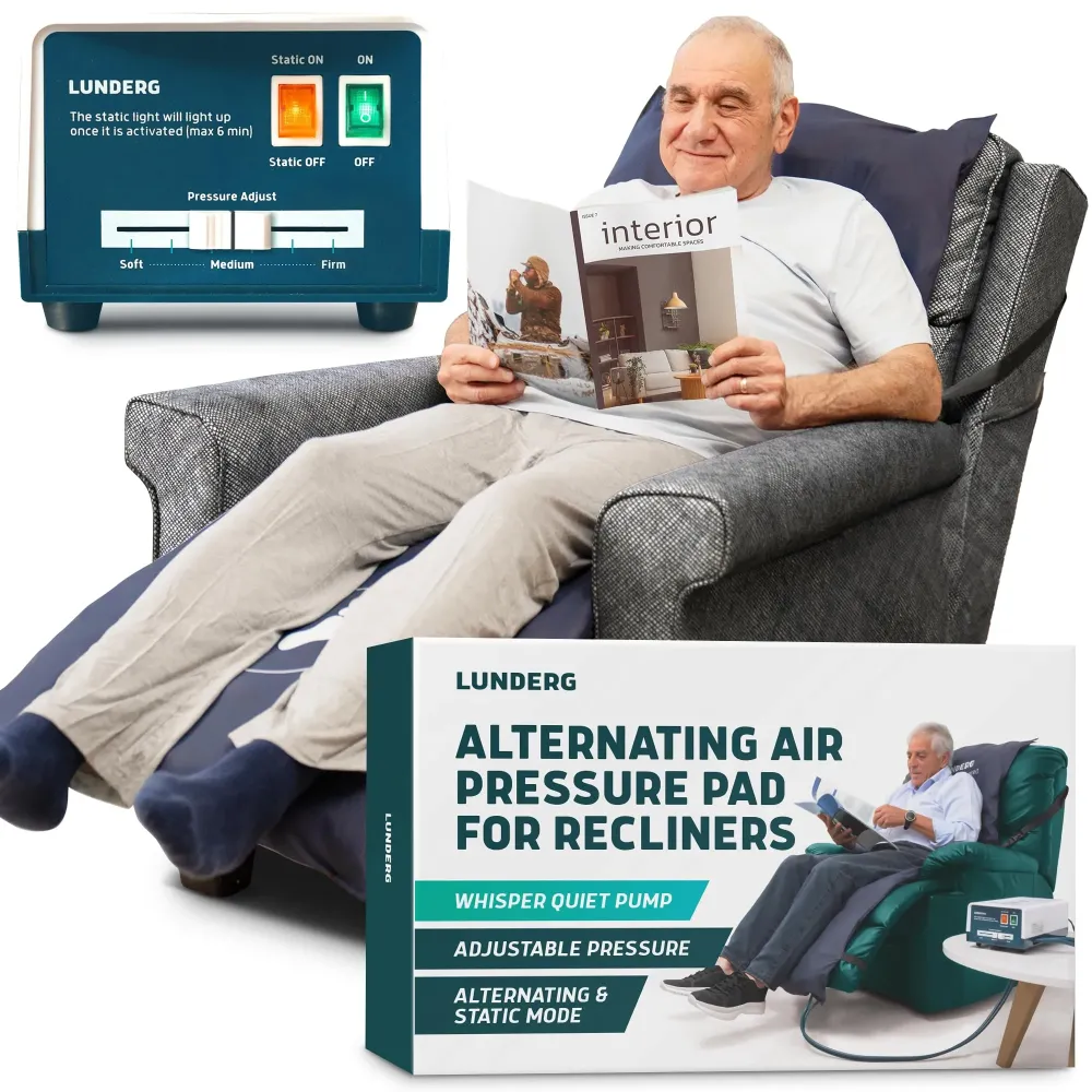 Lunderg Alternating Air Pressure Pad for Recliner Chair - Pressure Relief Cushion Topper for Recliner - Bed Sore Prevention - Includes Medical Grade Mattress Pad, Cover & Quiet Pump - Home or Hospital Lunderg Alternating Air Pressure Pad for Recliner Chair - Pressure Relief Cushion Topper for Recliner - Bed Sore Prevention - Includes Medical Grade Mattress Pad, Cover & Quiet Pump - Home or Hospital