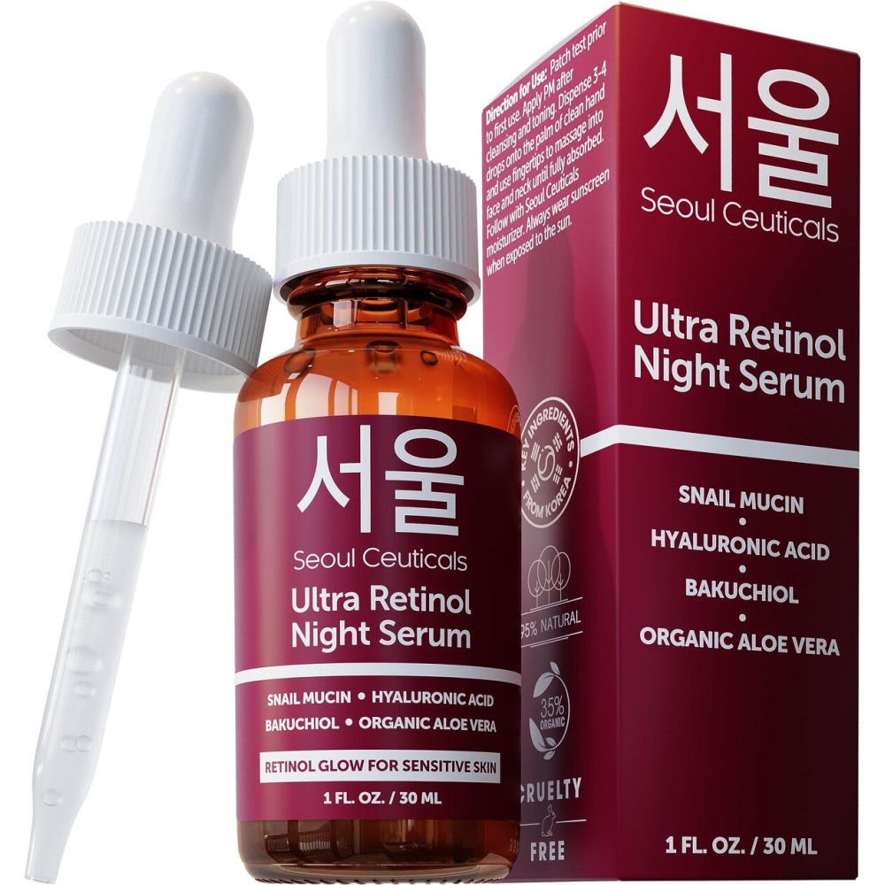 SeoulCeuticals 1% Korean Retinol Night Serum for Face - 97.5% Snail Mucin + Hyaluronic Acid + Bakuchiol, Cruelty Free K Beauty for Sensitive Skin 1oz SeoulCeuticals 1% Korean Retinol Night Serum for Face - 97.5% Snail Mucin + Hyaluronic Acid + Bakuchiol, Cruelty Free K Beauty for Sensitive Skin 1oz